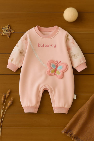 Butterfly Appliqué Baby Romper with Long Sleeves & Snap Closure