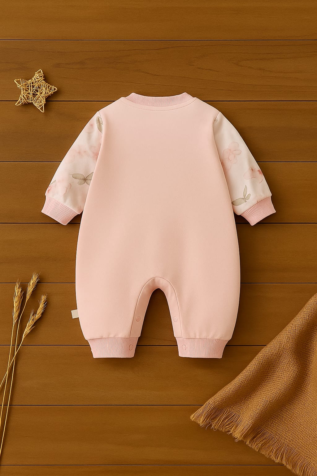 Butterfly Appliqué Baby Romper with Long Sleeves & Snap Closure