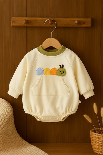 Caterpillar Appliqué Baby Romper with Long Sleeves & Snap Closure
