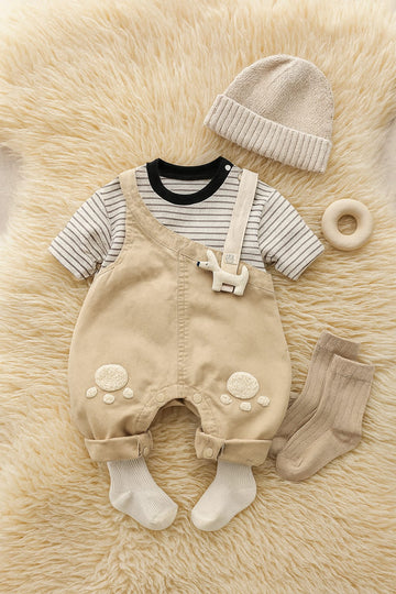 Beige Bear Paw Baby Romper Set with Striped Top