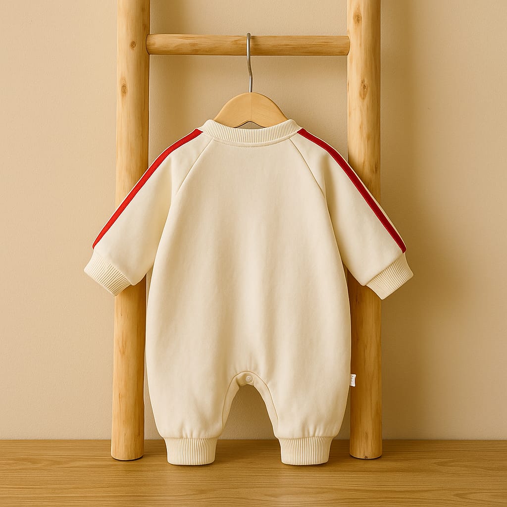 Baby Romper with Collar & Red Stripe Detailing | Long Sleeve Snap Button Jumpsuit
