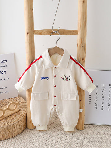 Baby Romper with Collar & Red Stripe Detailing | Long Sleeve Snap Button Jumpsuit
