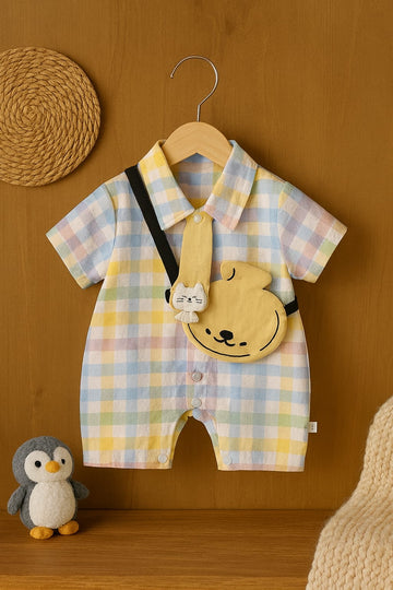Baby Checkered Romper with Collar & Cute Bear Pouch | Short Sleeve Cotton Jumpsuit