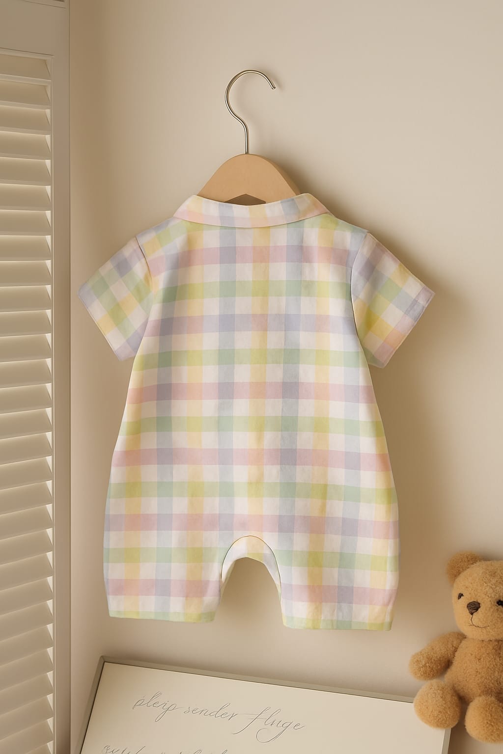 Baby Checkered Romper with Collar & Cute Bear Pouch | Short Sleeve Cotton Jumpsuit
