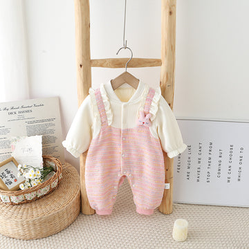 Baby Ruffle Sleeve Jumpsuit with Pink Striped Overalls & Plush Bunny Detail