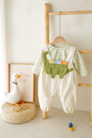 Baby Dinosaur Overall with Green Stripe Tee – Cute 2 Piece Outfit