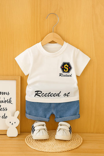 White Printed T-Shirt with Blue Denim Shorts Set – 100% Cotton Baby Outfit