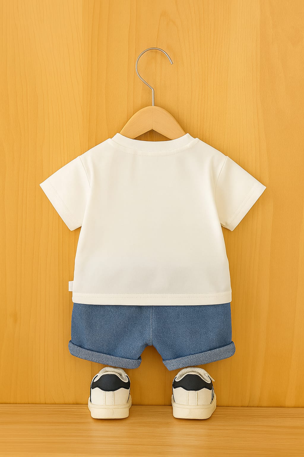 White Printed T-Shirt with Blue Denim Shorts Set – 100% Cotton Baby Outfit