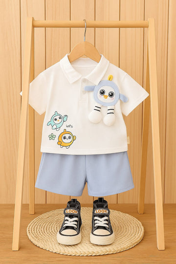 Cartoon Embroidered Polo T-Shirt with Blue Shorts – 100% Cotton Baby Outfit Set