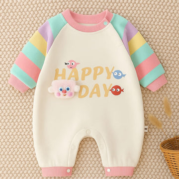 Happy Day Cartoon Print Baby Romper with Color Block Sleeves