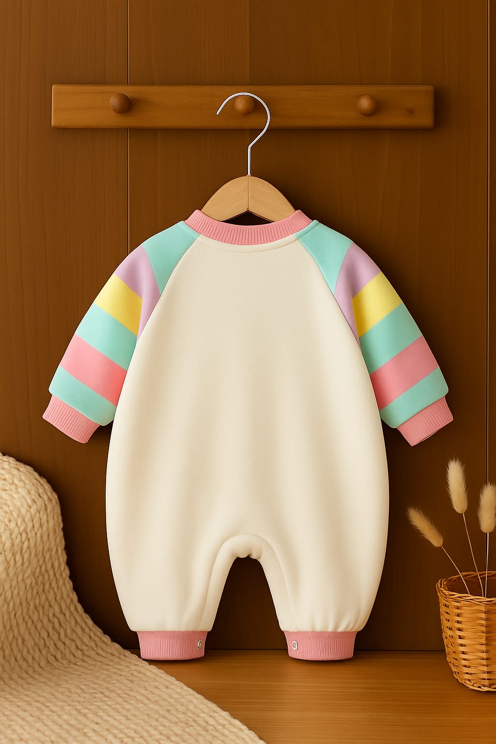 Happy Day Cartoon Print Baby Romper with Color Block Sleeves
