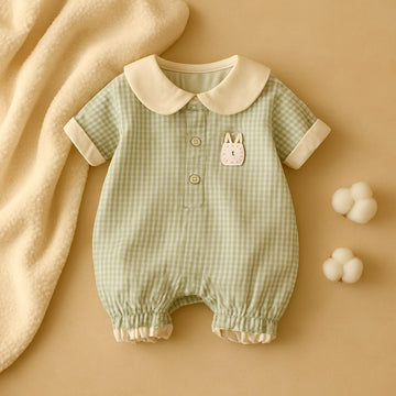 Checkered Short Sleeve Baby Romper with Peter Pan Collar – Soft &amp; Breathable Playsuit