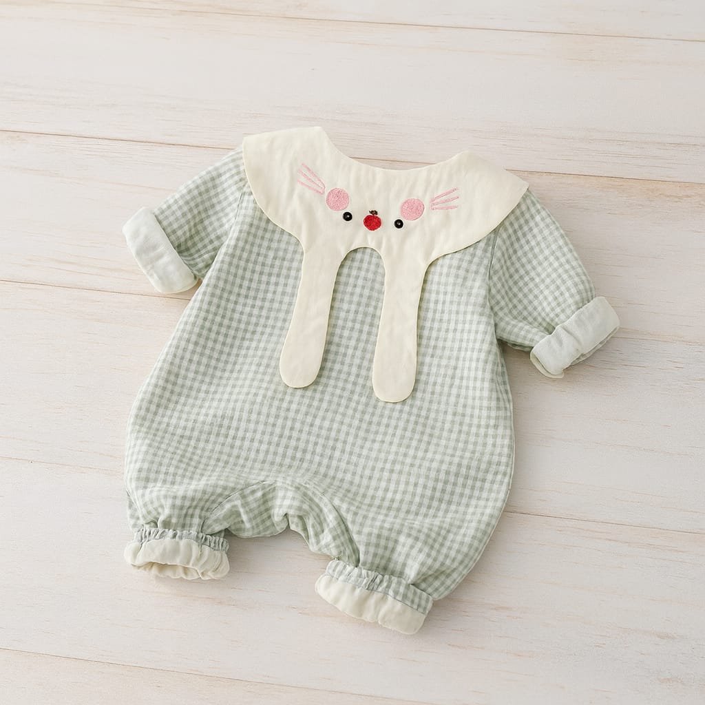 Checkered Short Sleeve Baby Romper with Peter Pan Collar – Soft &amp; Breathable Playsuit