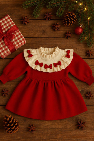 Baby Christmas Dress – Red Knitted Winter Dress with Bows | Soft Cotton-Poly Blend