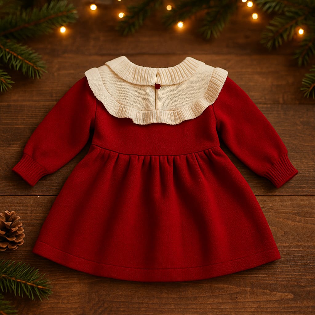 Baby Christmas Dress – Red Knitted Winter Dress with Bows | Soft Cotton-Poly Blend