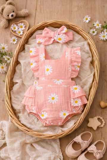 Floral Baby Summer Romper Dress with Headband | Soft Cotton Baby Outfit
