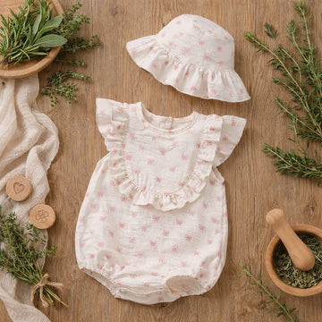 Baby Cotton Summer Romper Dress with Hat | Lightweight 2-Piece Baby Outfit