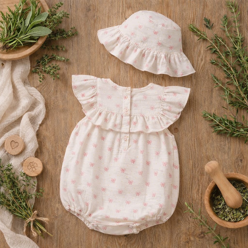 Baby Cotton Summer Romper Dress with Hat | Lightweight 2-Piece Baby Outfit