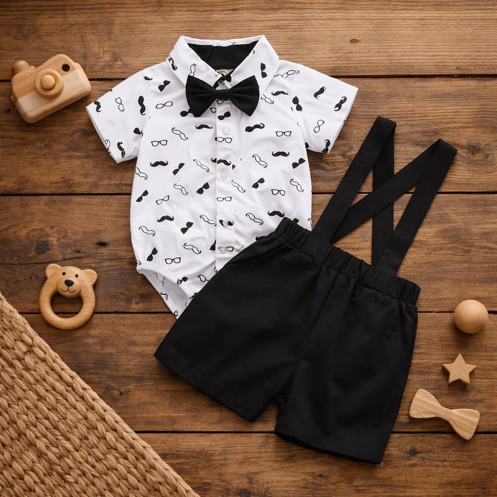 Baby Cotton Formal Summer Outfit Set | Bow Tie Shirt &amp; Suspender Shorts Set