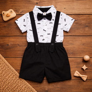 Baby Cotton Formal Summer Outfit Set | Bow Tie Shirt &amp; Suspender Shorts Set
