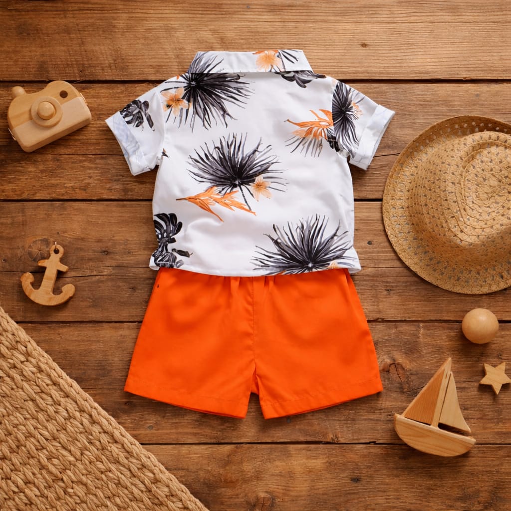 Baby Tropical Shirt & Orange Shorts Set – Soft Cotton Blend Summer Outfit