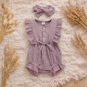 Baby Cotton Summer Romper with Headband | Soft Ruffle Cotton Outfit