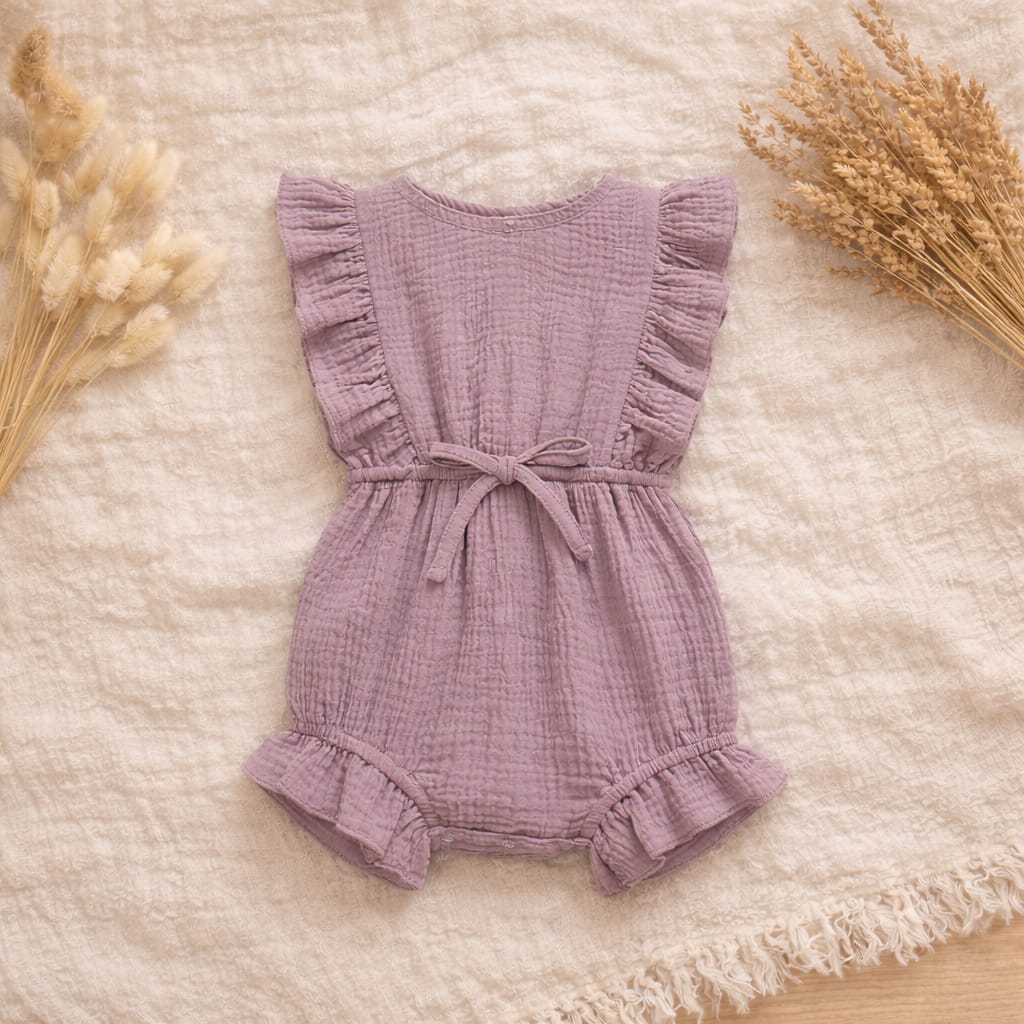 Baby Cotton Summer Romper with Headband | Soft Ruffle Cotton Outfit