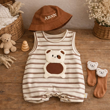Baby Cotton Summer Romper Set with Hat &amp; Socks | Soft Striped Cotton Outfit