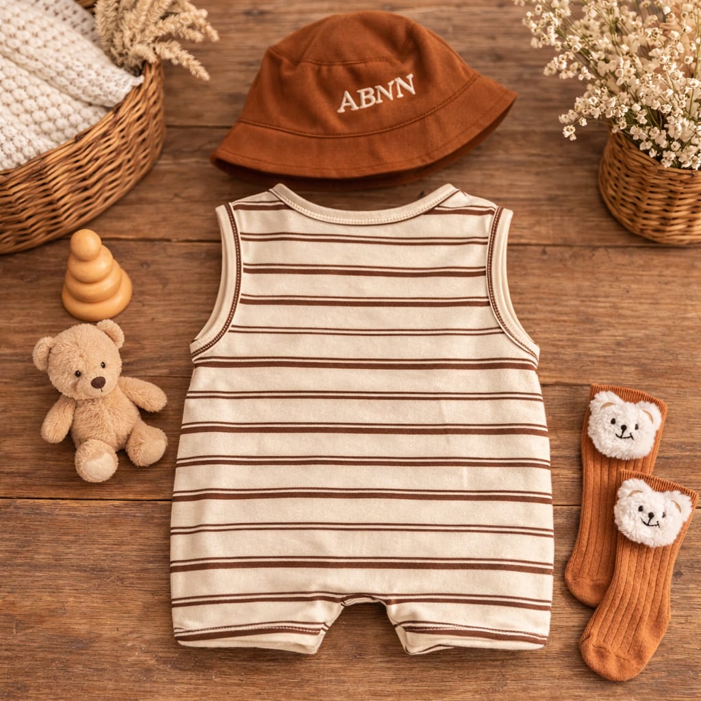 Baby Cotton Summer Romper Set with Hat &amp; Socks | Soft Striped Cotton Outfit
