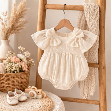 Baby Summer Romper with Bow Sleeves | Elegant Lightweight Baby Outfit