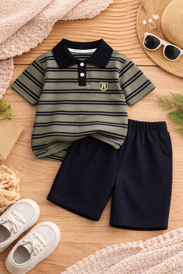Baby Boys Cotton Summer Clothing Set | Striped Polo T-Shirt &amp; Shorts Outfit