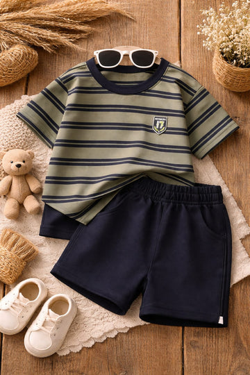 Baby Boys Cotton Summer Clothing Set | Striped T-Shirt &amp; Shorts 2-Piece Outfit