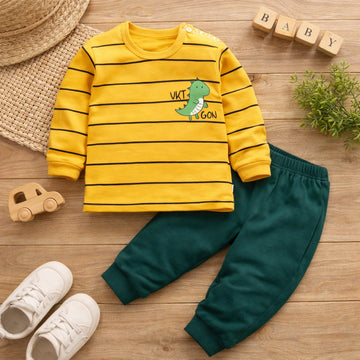 Baby Boys Cotton Dinosaur Summer Clothing Set | Striped T-Shirt &amp; Pants 2-Piece Outfit