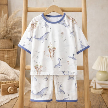 Baby Bamboo Cotton Summer Clothing Set | Whale Print T-Shirt &amp; Shorts 2-Piece Outfit