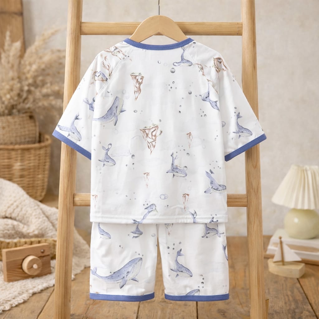 Baby Bamboo Cotton Summer Clothing Set | Whale Print T-Shirt &amp; Shorts 2-Piece Outfit