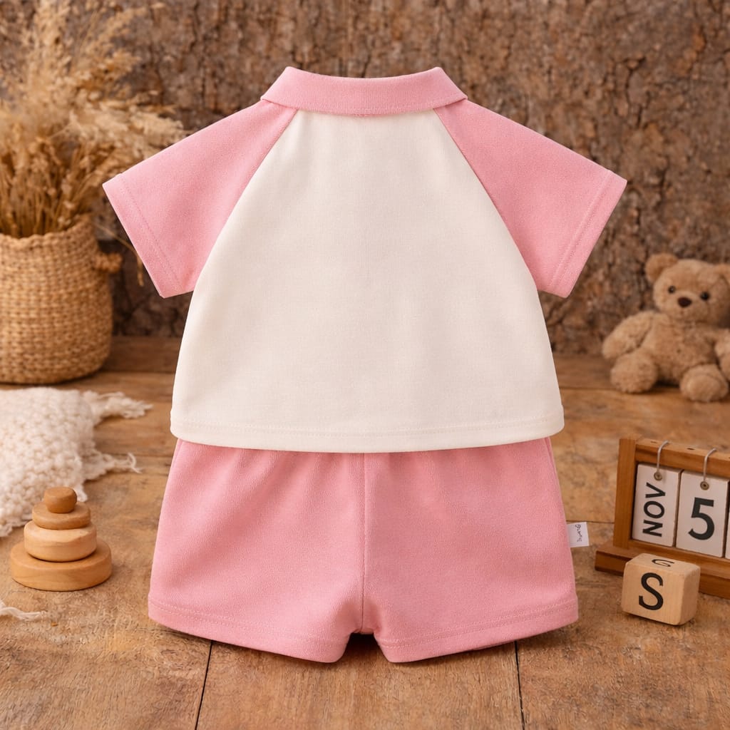 Baby Girls Polyester Summer Clothing Set | Cute Polo Collar Top &amp; Shorts 2-Piece Outfit