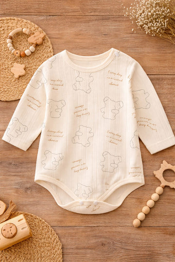 Baby Cotton Printed Bodysuit | Soft Bear Print Long Sleeve Baby Onesie