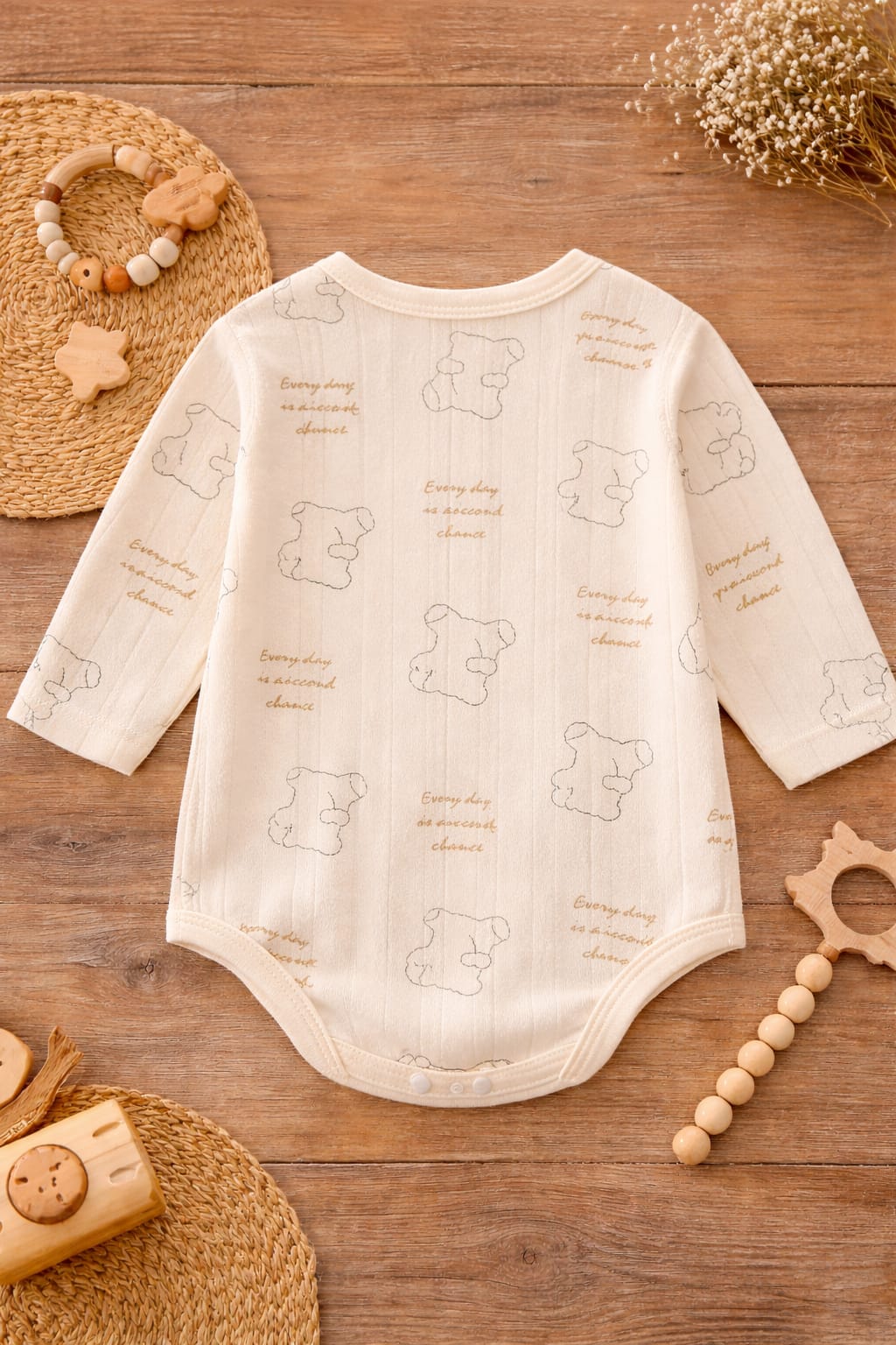 Baby Cotton Printed Bodysuit | Soft Bear Print Long Sleeve Baby Onesie