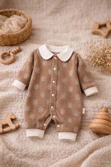 Baby Cotton Printed Romper | Peter Pan Collar Long Sleeve Baby Onesie