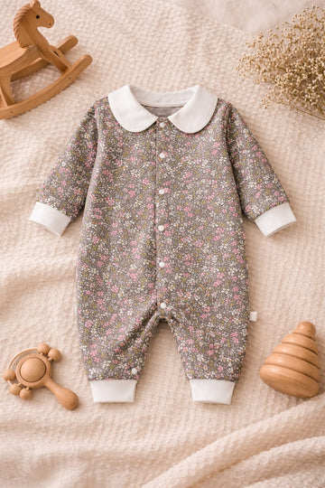 Baby Floral Cotton Romper | Soft Peter Pan Collar Baby Onesie