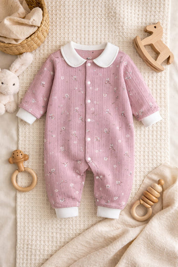 Baby Girl Floral Cotton Romper | Soft Peter Pan Collar Baby Onesie
