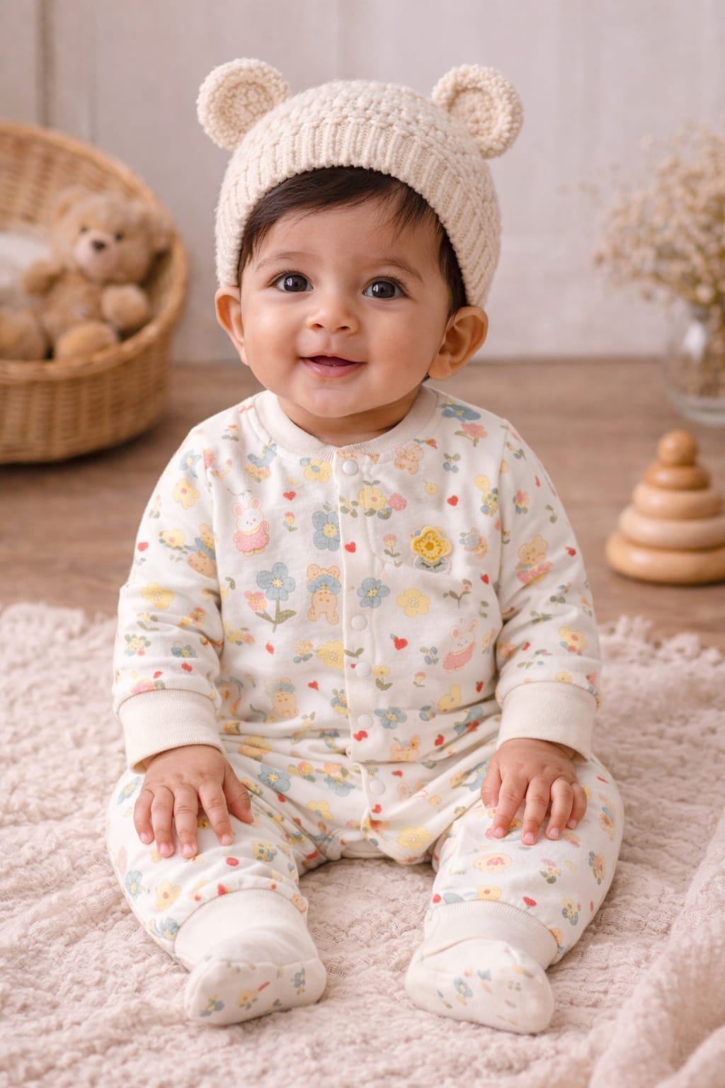 Baby Cotton Cartoon Floral Print Romper | Soft Breathable Full Sleeve Baby Onesie with Snap Buttons