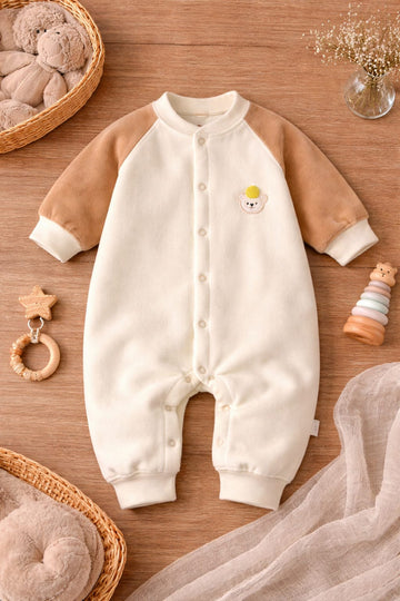Baby Cotton Solid Romper with Contrast Sleeves | Soft Breathable Full Sleeve Baby Onesie