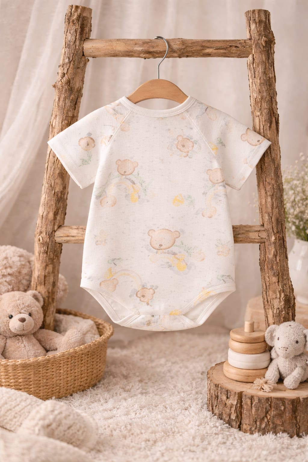 Baby Cotton Teddy Print Bodysuit | Soft Breathable Half Sleeve Baby Onesie
