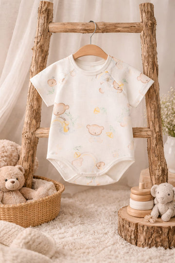 Baby Cotton Teddy Print Bodysuit | Soft Breathable Half Sleeve Baby Onesie