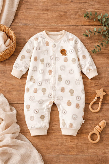 Baby Cotton Animal Print Romper | Soft Full Sleeve Snap Button Baby Onesie