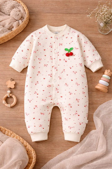 Baby Cotton Cherry Print Romper | Soft Full Sleeve Breathable Baby Onesie with Snap Buttons