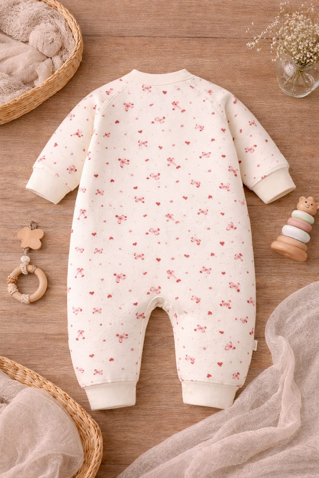 Baby Cotton Cherry Print Romper | Soft Full Sleeve Breathable Baby Onesie with Snap Buttons