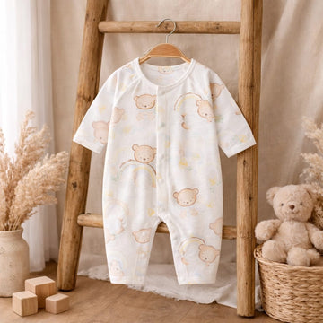 Baby Cotton Teddy Rainbow Print Romper | Soft Breathable Full Sleeve Baby Onesie