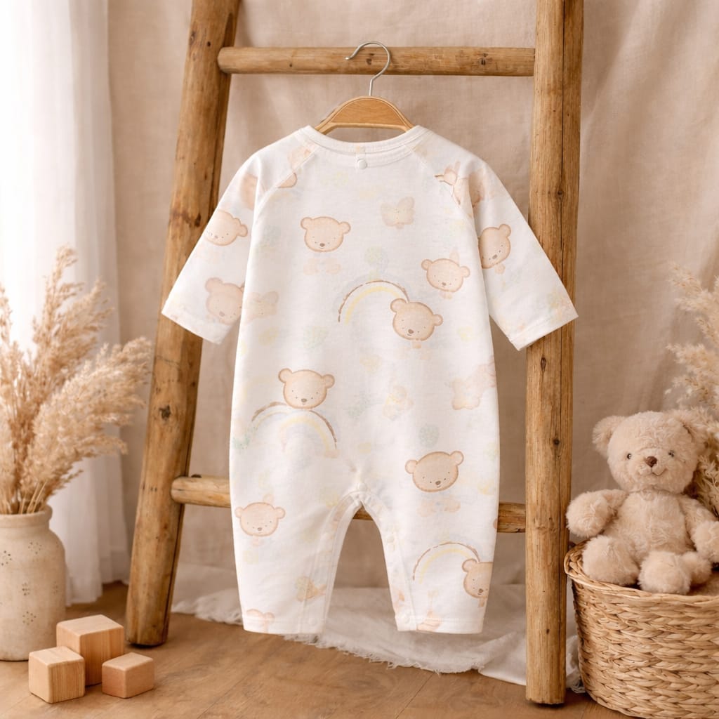 Baby Cotton Teddy Rainbow Print Romper | Soft Breathable Full Sleeve Baby Onesie